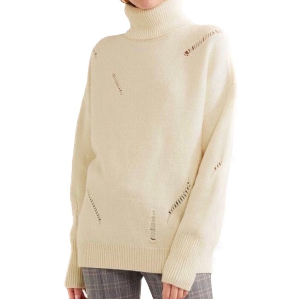 Michael Kors Distressed Wool Alpaca Ribbed Knit Turtleneck Sweater Ivory Size XS